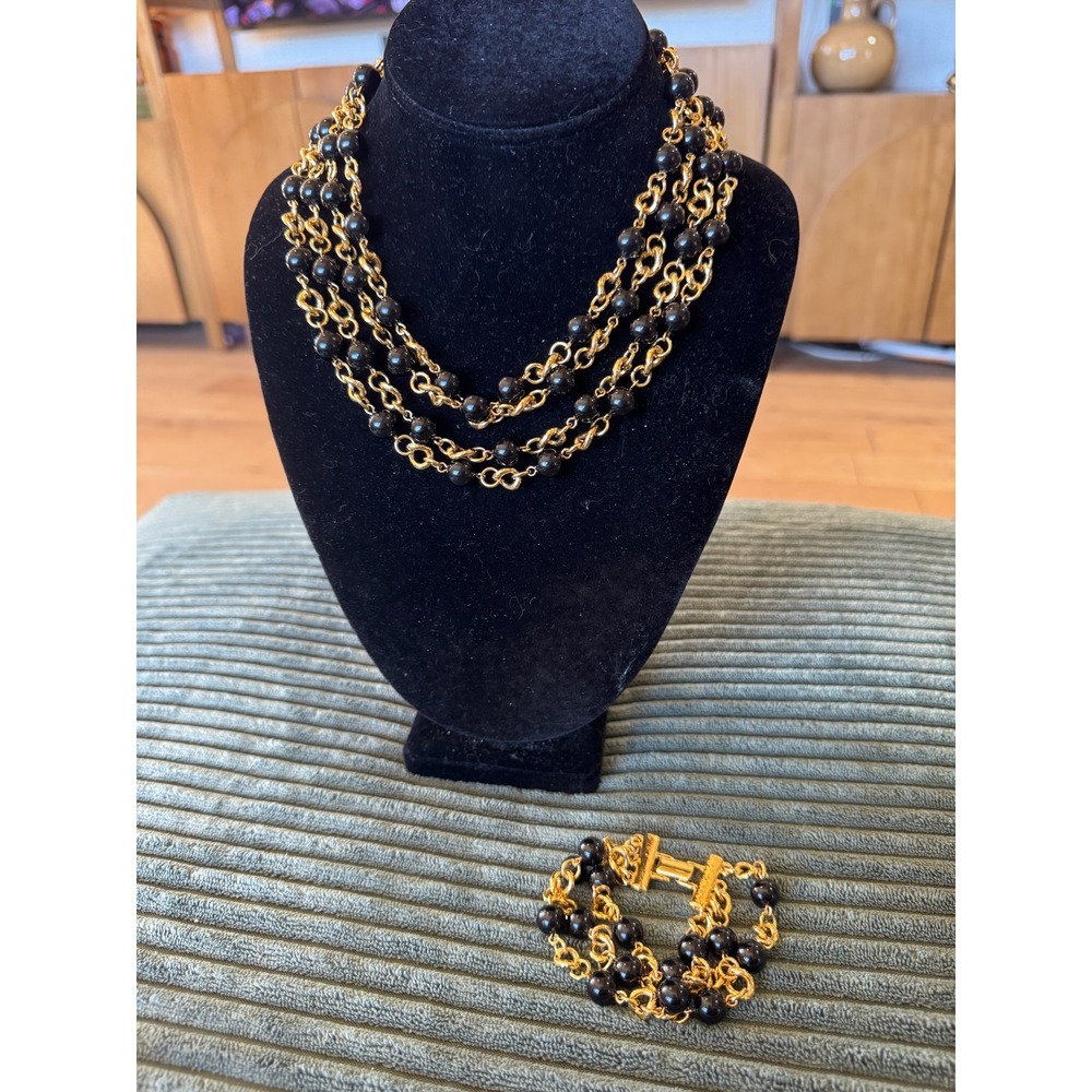 Monet Gold Tone Multi Strand Black Bead Necklace and Bracelet Set